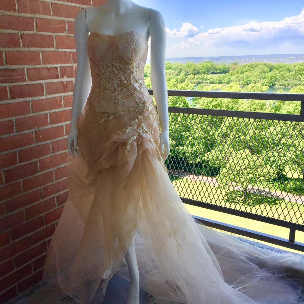 Champagne Tulle Lace Overlay Asymmetric Dress